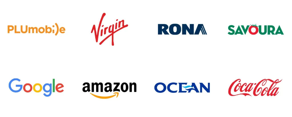 Logos représentant le type de logo « mot-image » : PLUmobile, Virgin, Rona, Savoura, Google, Amazon, Groupe Océan et Coca-Cola.