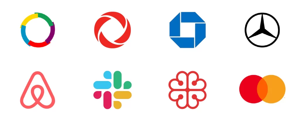 Logos représentant le type de logo « identité abstraite » : Organisation mondiale de la Francophonie, Rogers, Chase, Mercedes, Airbnb, Slack, Montréal et Mastercard.