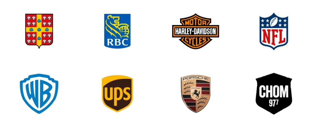 Logos représentant le type de logo « blason ou écusson » : Université Laval, RBC, Harley-Davidson, NFL, Warner Bros, UPS, Porsche et CHOM FM.