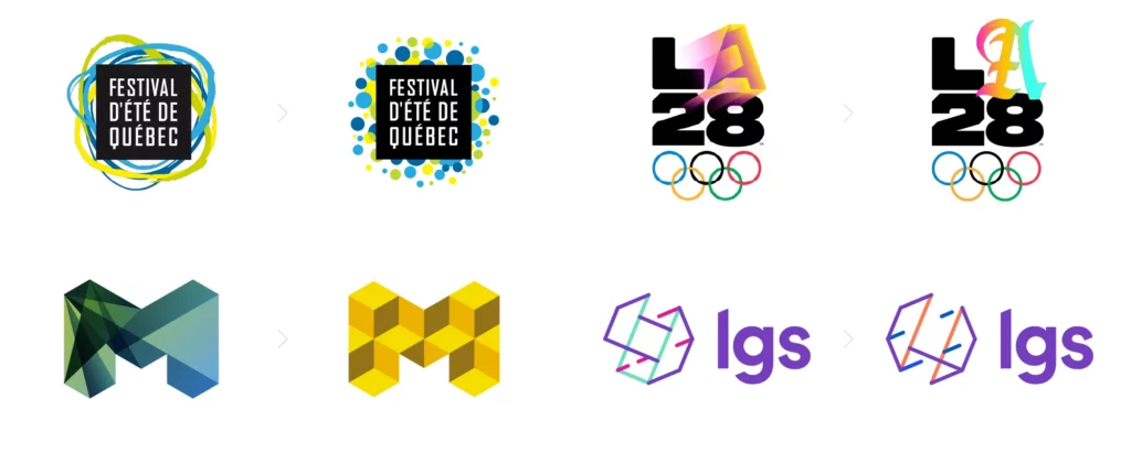 Logos représentant le type de logo « identité évolutive » : Festival d'été de Québec, Jeux olympiques 2028 à Los Angeles, Melbourne et LGS.