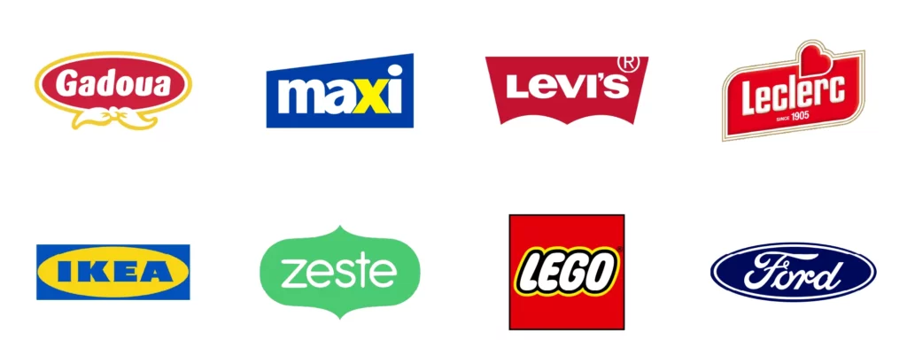 Logos représentant le type de logo « identité avec forme intégrée » : Gadoua, Maxi, Levi's Leclerc, IKEA, Zeste, Lego et Ford.