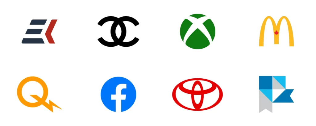 Logos représentant le type de logo « lettre-symbole ou monogramme » : Electro-Kut, Chanel, Xbox, McDonald's, Hydro-Québec, Facebook, Toyota et Port de Québec