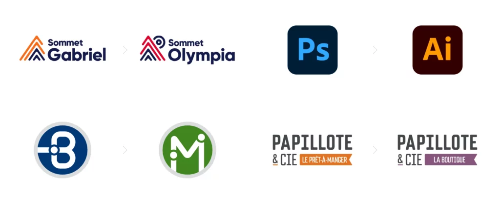 Logos représentant le type de logo « identité modulaire » : Les Sommets, de la suite Creative Cloud, des bus RTC et de Papillote & Cie.