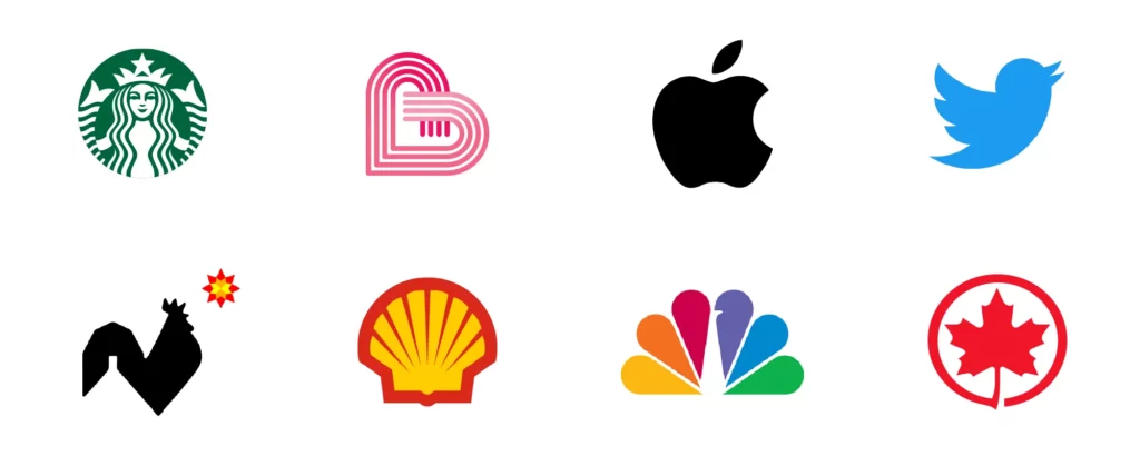 Logos représentant le type de logo « symbole ou icône » : Starbucks, Fondation Sandra et Alain Bouchard, Apple, Twitter, Exceldor, Shell, NBC et Air Canada.