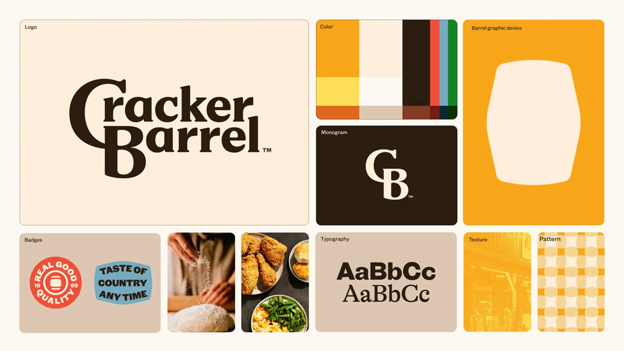 Nouvelle identité visuelle de Cracker Barrel avec logo modernisé, palette de couleurs, typographie et éléments graphiques.