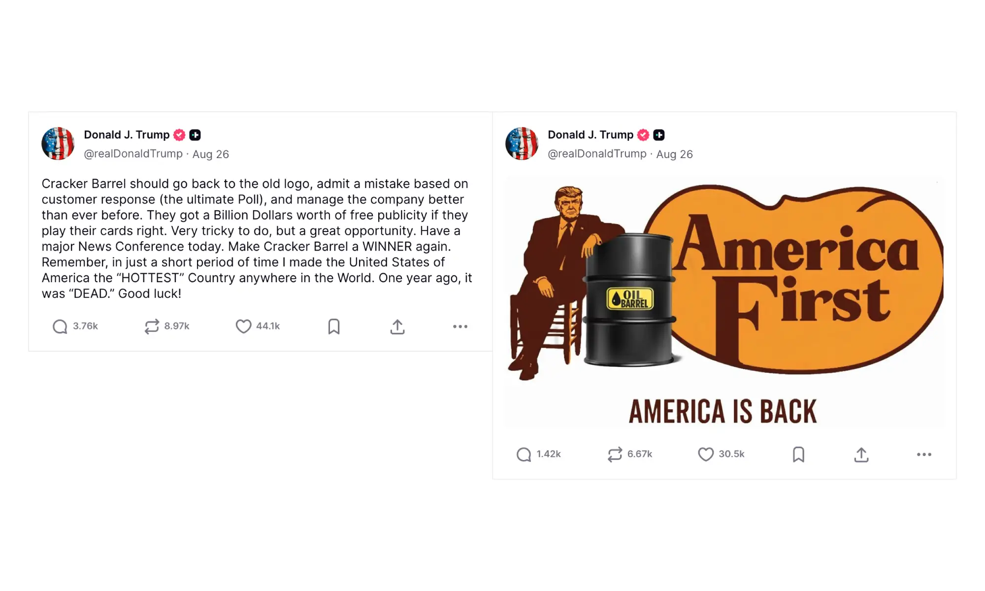 Publications de Donald Trump sur Truth Social en août 2025 critiquant le nouveau logo de Cracker Barrel et appelant au retour de l’ancien.