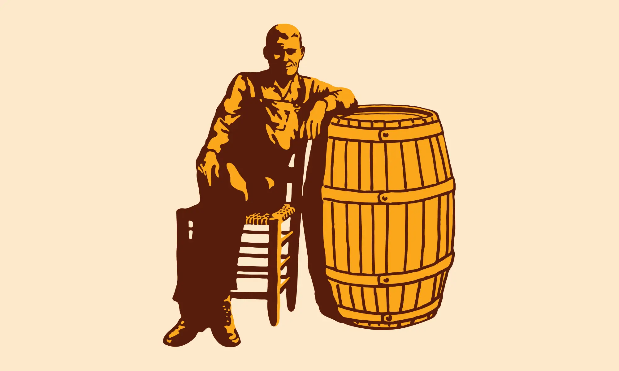 Logo historique de Cracker Barrel montrant Uncle Herschel assis sur une chaise et accoté à un baril.