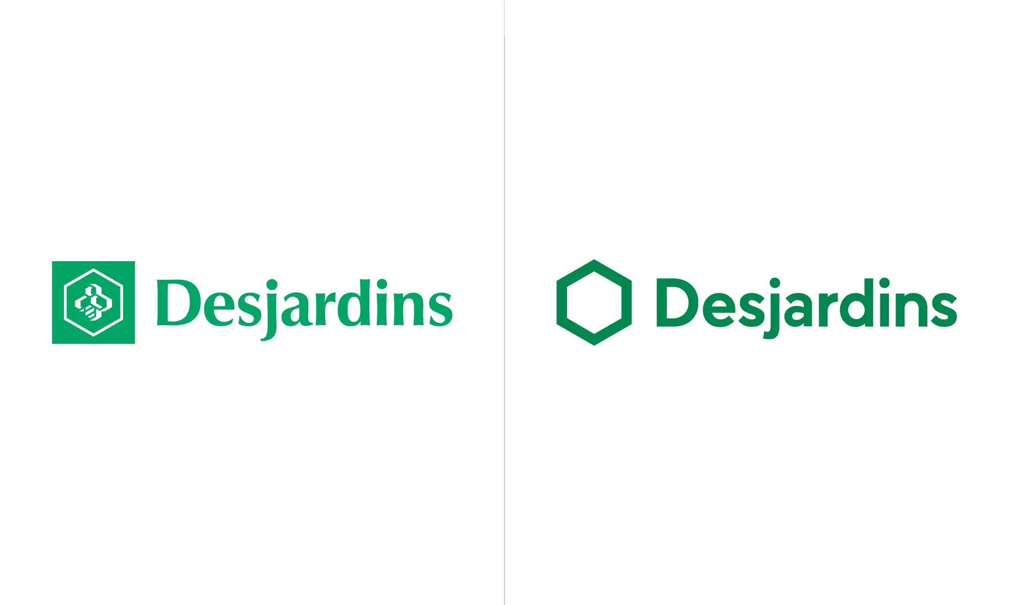 Ancien et nouveau logos de Desjardins, comparant la version avec abeille et la version modernisée avec hexagone simplifié.