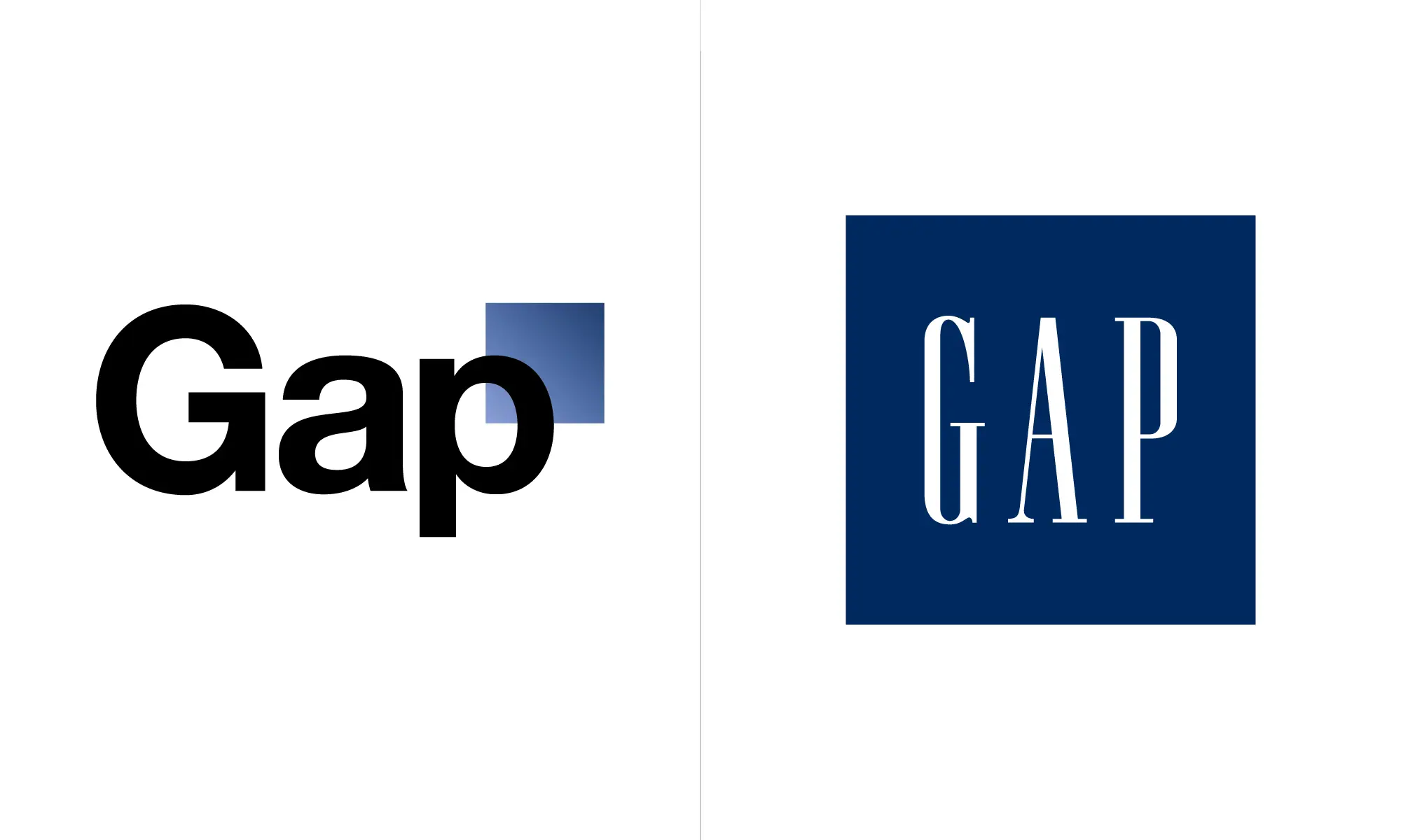 Comparaison entre le logo Gap de 2010, rapidement abandonné, et l’ancien logo classique toujours utilisé aujourd’hui.